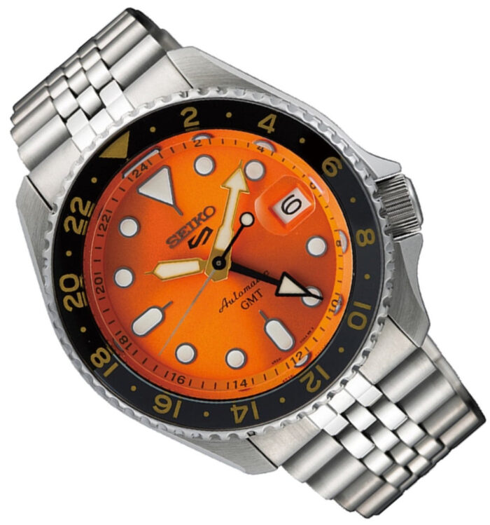 Seiko 5 Sports GMT Automatic Orange Dial Silver Steel Strap Watch For Men - SSK005K1 - Image 4